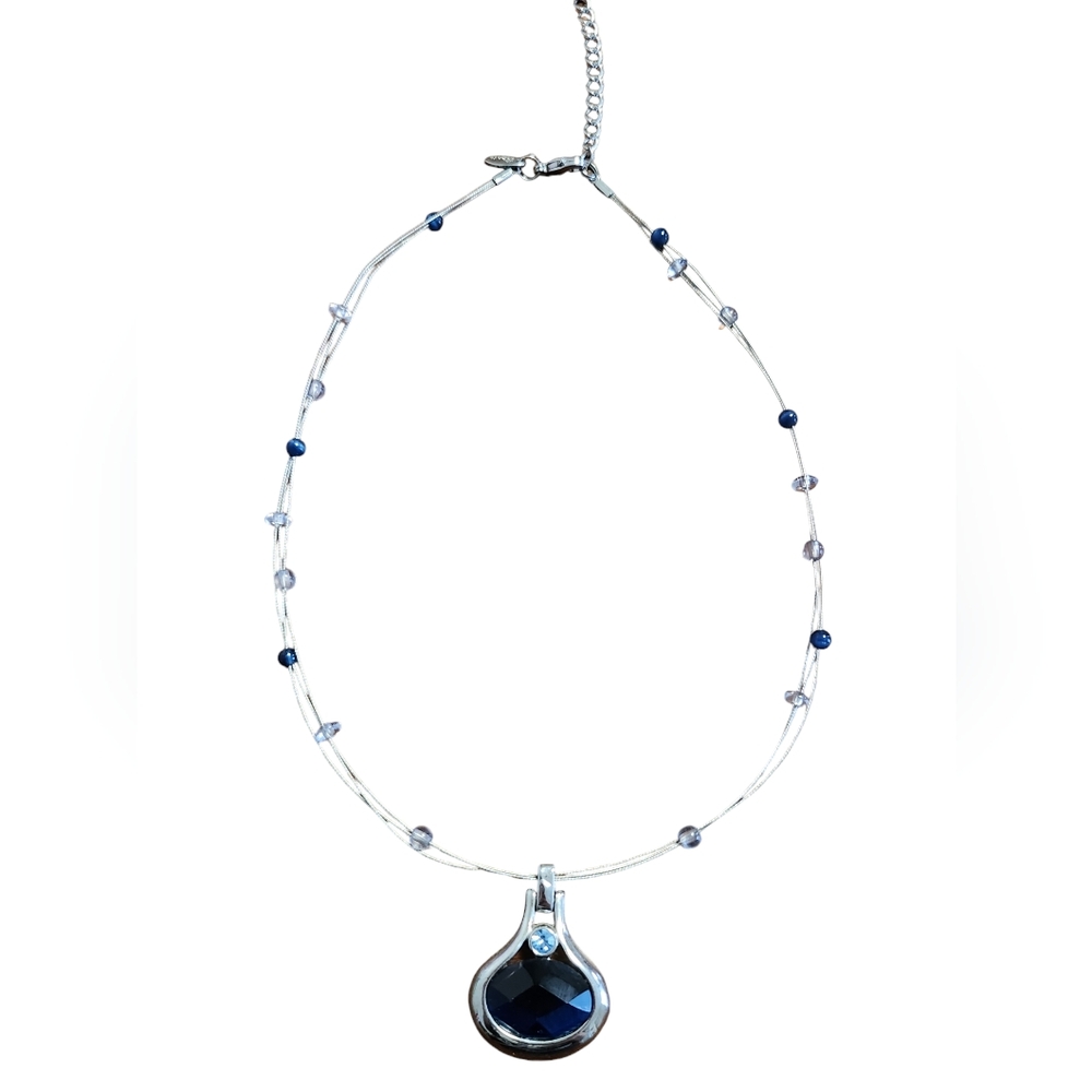 Lia Sophia Blue Gem In Silver Tone Bezel Pendant Floating On Wire/Bead Necklace